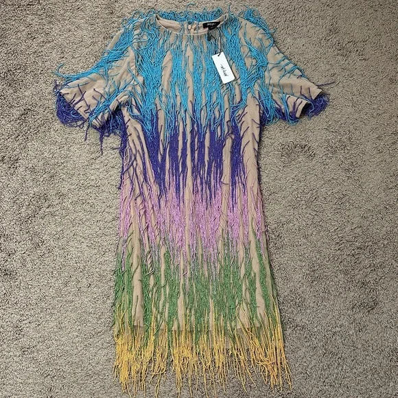 NWT Nasty Gal Rainbow Tassel Fringe Shift Dress - Picture 7 of 16